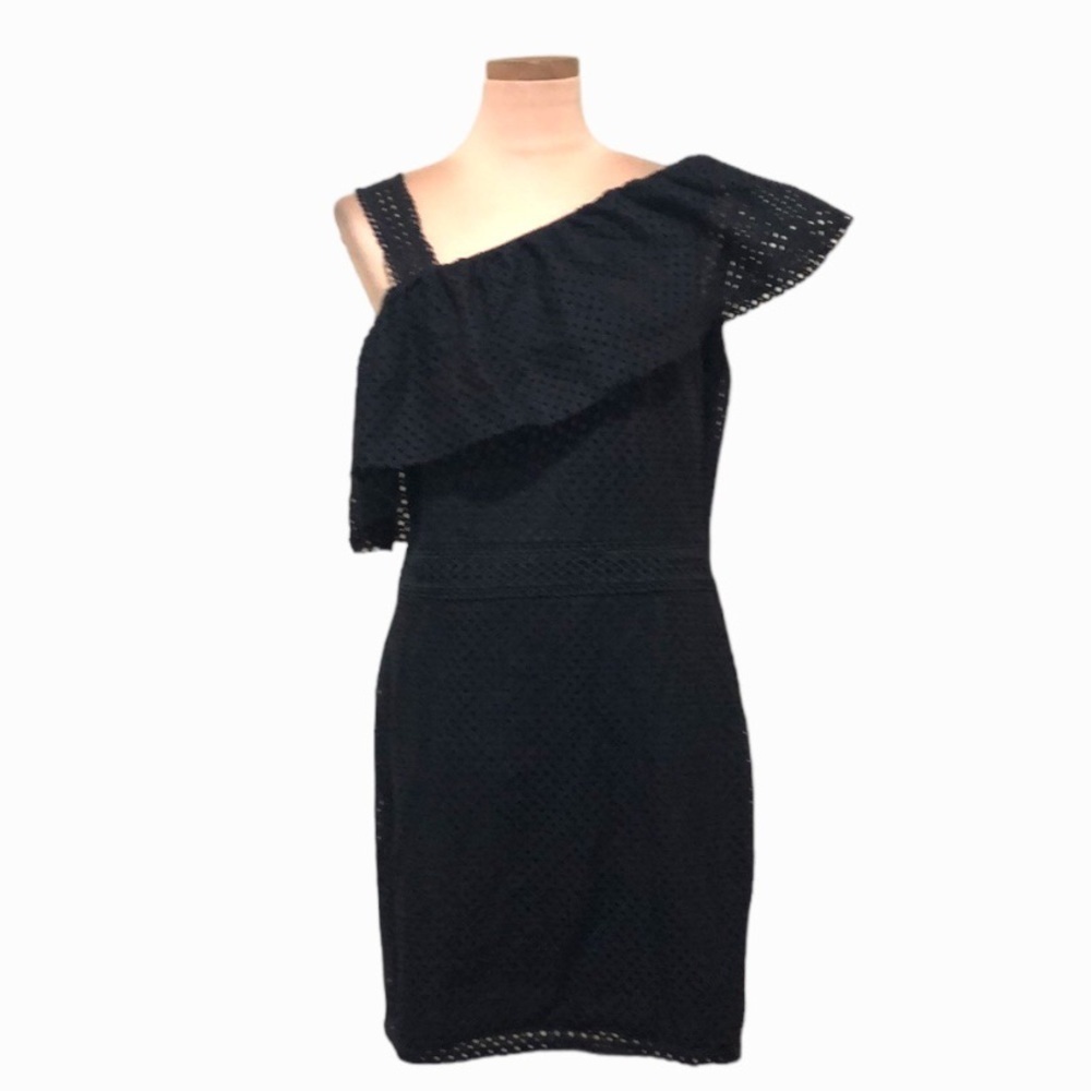 NWT ASOS Miss Selfridge Dress Size US 12 Black Eyelet Ruffle Sleeve Sheath